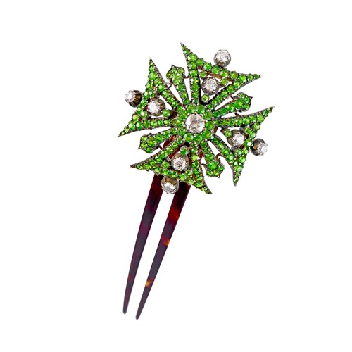 19th century demantoid garnet and diamond Maltese cross hair pin, c.1870, of openwork design,